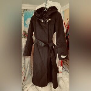 New Calvin Klein women’s fur hooded belted coat jacket xs 2 0 black 🎁 birthday